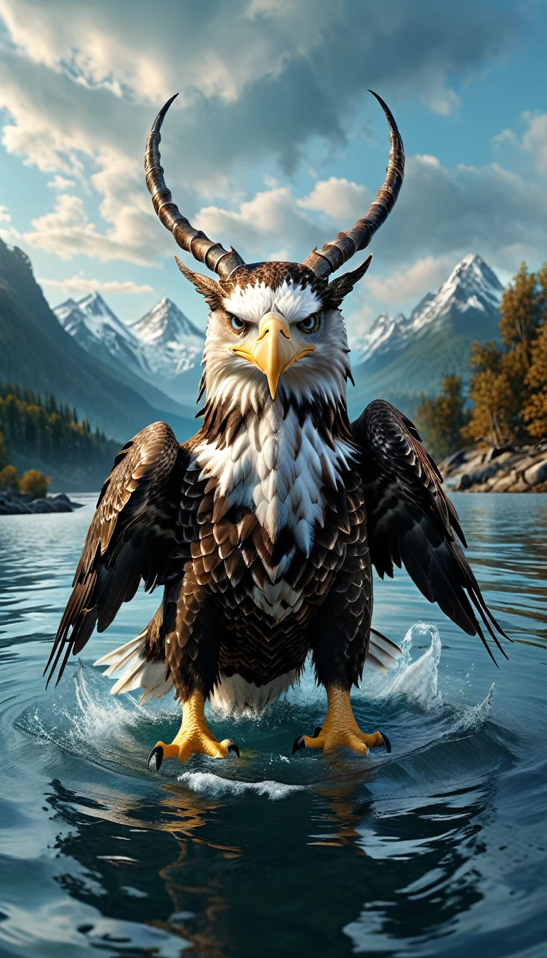 Panorama，There is a beast in the water，Looks like an eagle，The head has double horns（best quality，4K，8K，High level，masterpiece：1.2），Ultra Detailed，（lifelike，Photo real，Photo real：1.37），Highly detailed animals，Complex patterns，Realistic lighting，Fantasy Creatures