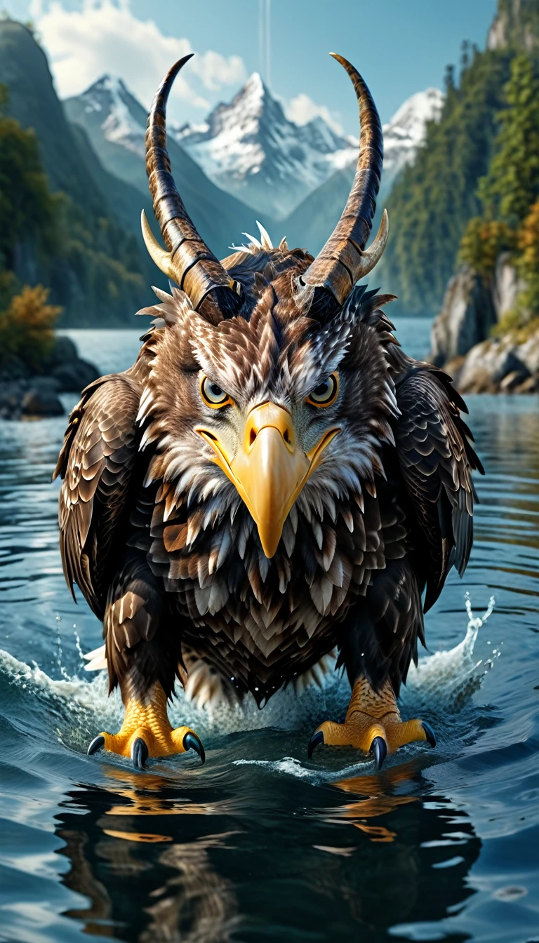 Panorama,There is a beast in the water,Looks like an eagle,The head has double horns(best quality,4K,8K,High level,masterpiece:1.2),Ultra Detailed,(lifelike,Photo real,Photo real:1.37),Highly detailed animals,Complex patterns,Realistic lighting,Fantasy Creatures