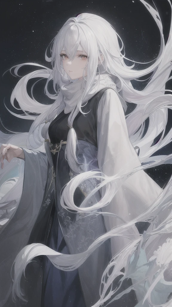 a close up of a woman with a white hair and a black scarf, a character portrait by Yang J, pixiv contest winner, fantasy art, white haired deity, beautiful character painting, artwork in the style of guweiz, the piercing stare of yuki onna, guweiz, with white long hair, with long white hair, flowing hair and long robes