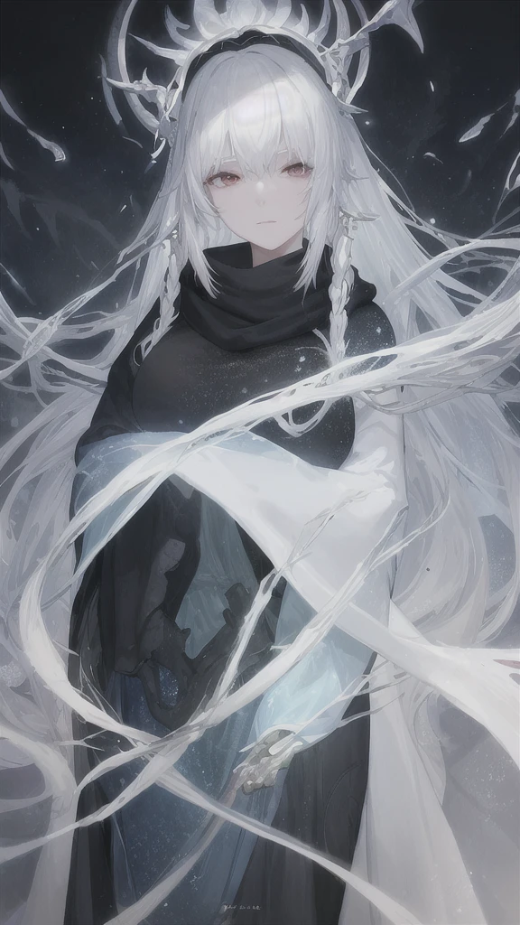 a close up of a woman with a white hair and a black scarf, a character portrait by Yang J, pixiv contest winner, fantasy art, white haired deity, beautiful character painting, artwork in the style of guweiz, the piercing stare of yuki onna, guweiz, with white long hair, with long white hair, flowing hair and long robes