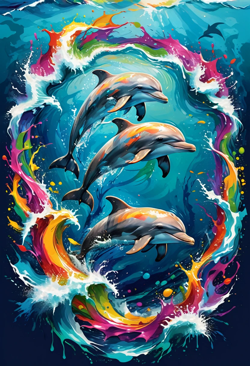 A t-shirt with a colorful illustration of dolphins in the middle of the sea, At the center, swirly vibrant colors, paint splashes and smears, ultra details, 32K Quality,Remove background image (artwork, best quality, proffesional, perfect composition, very aesthetic, absurdrez, super verbose, Intricate details:1.3)