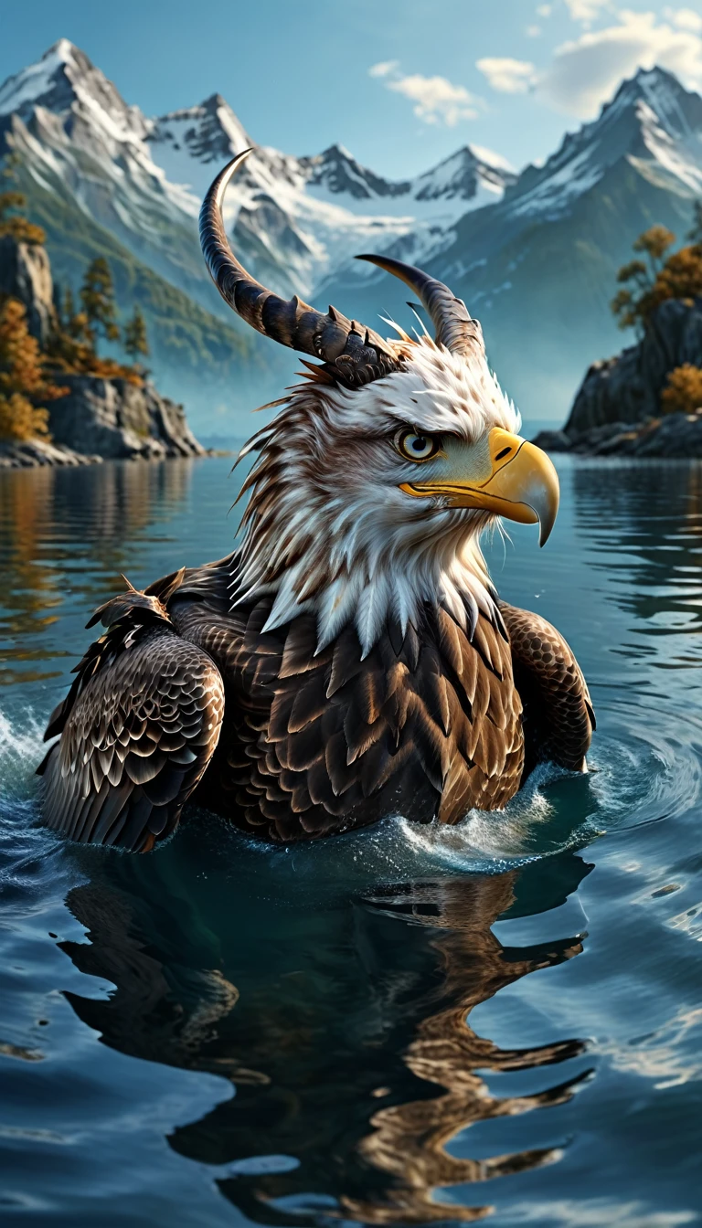 Panorama，There is a beast in the water，Looks like an eagle，The head has double horns（best quality，4K，8K，High level，masterpiece：1.2），Ultra Detailed，（lifelike，Photo real，Photo real：1.37），Highly detailed animals，Complex patterns，Realistic lighting，Fantasy Creatures