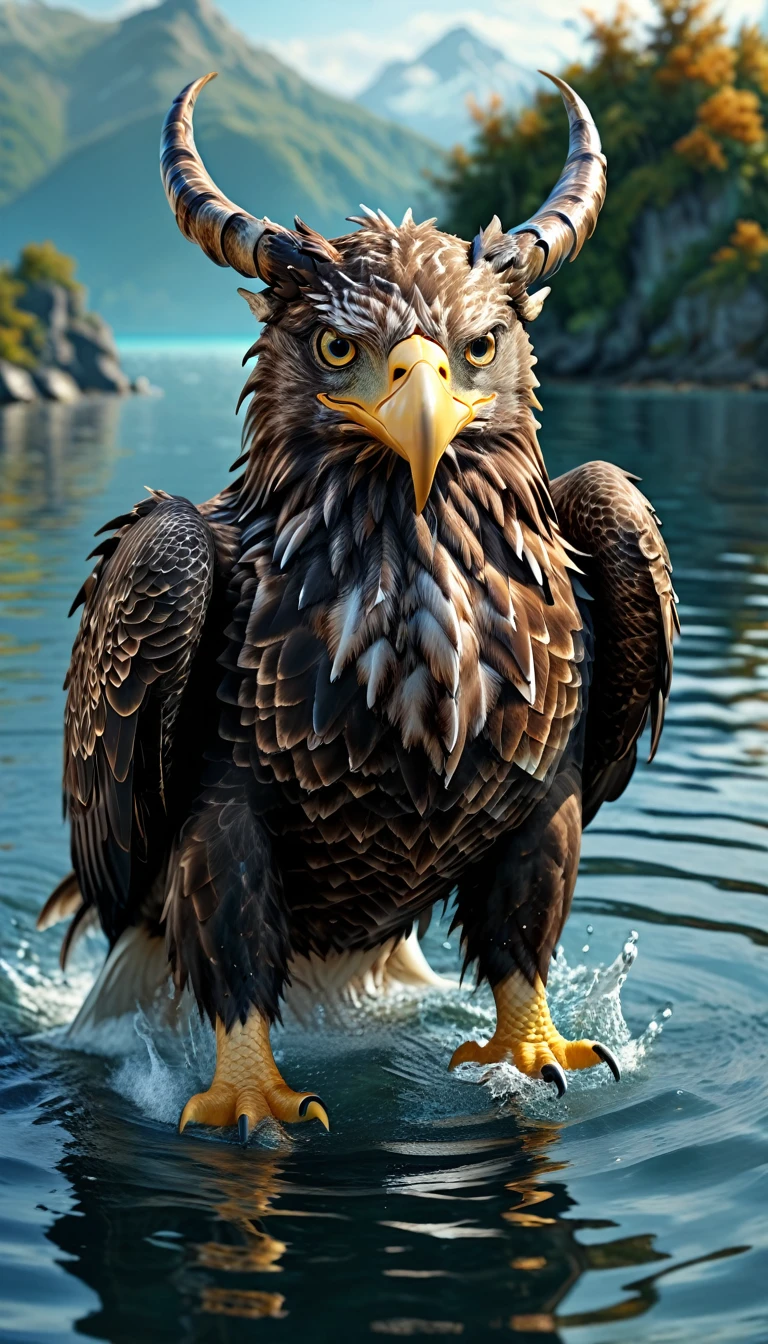 Panorama，There is a beast in the water，Looks like an eagle，The head has double horns（best quality，4K，8K，High level，masterpiece：1.2），Ultra Detailed，（lifelike，Photo real，Photo real：1.37），Highly detailed animals，Complex patterns，Realistic lighting，Fantasy Creatures