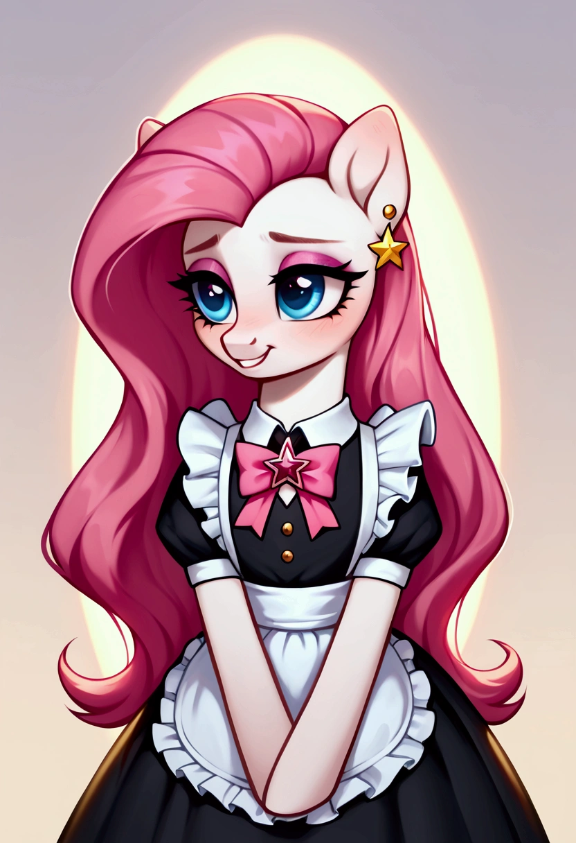 score_9,score_8_up,score_7_up,score_6_up, ((my little pony)), radiant lighting, vibrant colors, whimsical atmosphere, 8K, high resolution, highly detailed, masterpiece, (shy look), (((pony body))), ((brightness white body)), blue eyes, (maid costume), striped stockings, star pendant, earrings, eyeshadow, (very long pink hair:1.3), (((sex whore:1.4)))