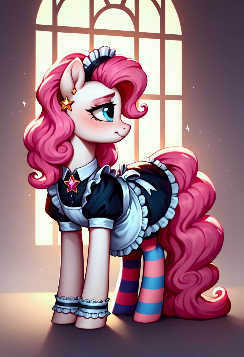 score_9,score_8_up,score_7_up,score_6_up, ((my little pony)), radiant lighting, vibrant colors, whimsical atmosphere, 8K, high resolution, highly detailed, masterpiece, (shy look), (((pony body))), ((brightness white body)), blue eyes, (maid costume), striped stockings, star pendant, earrings, eyeshadow, (very long pink hair:1.3), (((sex whore:1.4)))