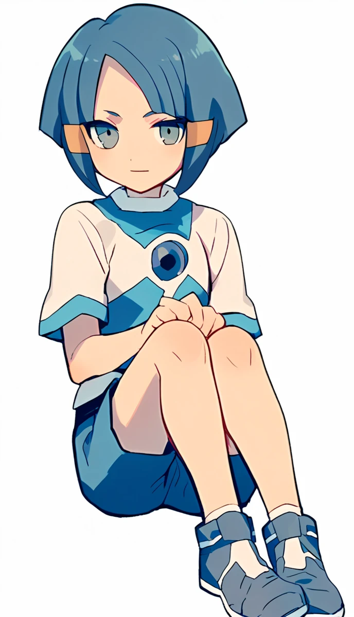 score_9, score_8_up, score_7_up, score_6_up, score_5_up, score_4_up, BREAK source_anime, white background, 1girl, clara, blue hair, hair tubes, grey eyes, white shirt, blue shorts, full body
