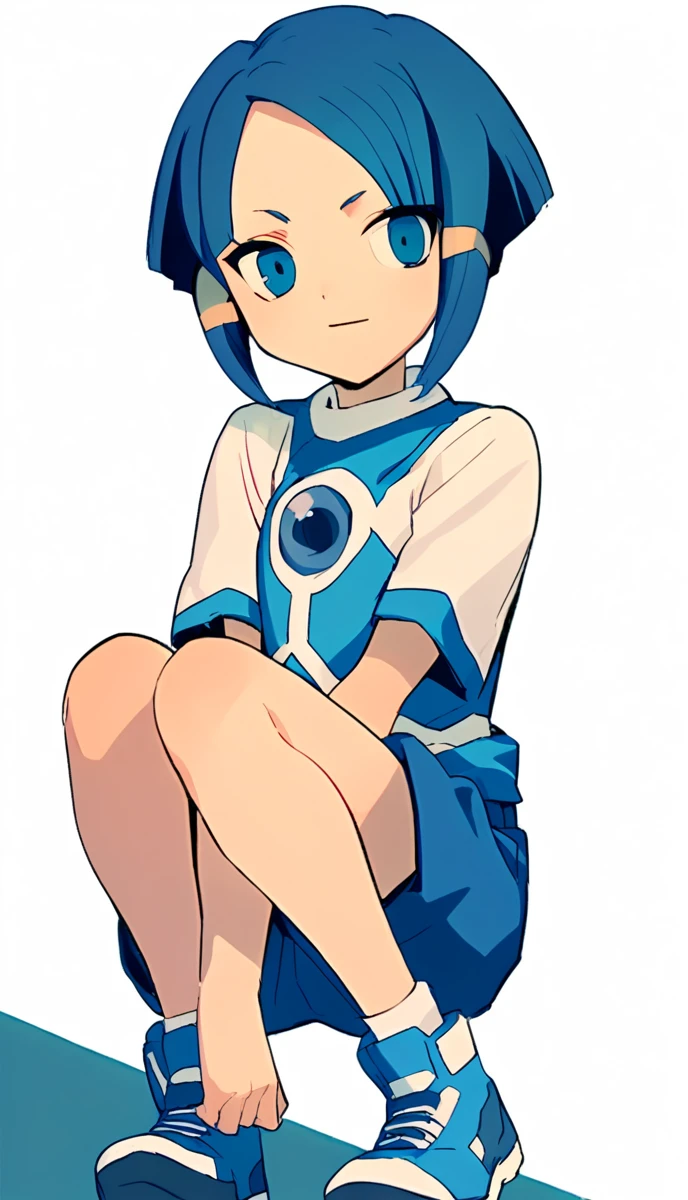 score_9, score_8_up, score_7_up, score_6_up, score_5_up, score_4_up, BREAK source_anime, white background, 1girl, clara, blue hair, hair tubes, grey eyes, white shirt, blue shorts, full body 