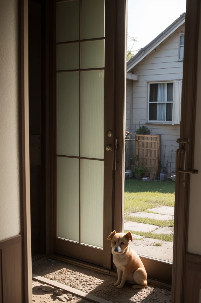 A light-colored little dog is sitting in front of an old, shadowy house. The house is partially enveloped in shadows, with dusty windows and a desolate appearance. In the door or one of the windows, there is the threatening silhouette of a woman who seems to be watching the little dog outside. The dog's expression is one of fear and uncertainty, contrasting with the oppressive aura of the house in the background. The image conveys a sense of tension and impending escape.