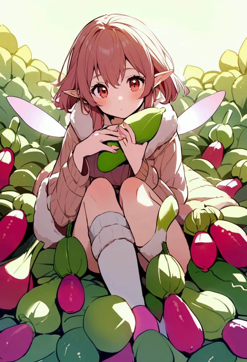 a  fairy flying over a pile of Radishes , holding one Radish on her hand