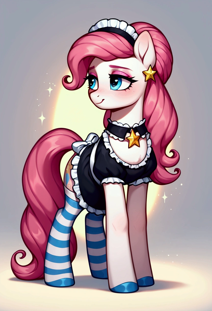 score_9,score_8_up,score_7_up,score_6_up, ((my little pony)), radiant lighting, vibrant colors, whimsical atmosphere, 8K, high resolution, highly detailed, masterpiece, (shy look), (((pony body))), ((brightness white body)), blue eyes, (maid costume), striped stockings, star pendant, earrings, eyeshadow, (very long pink hair:1.3), (((slutty whore:1.4)))