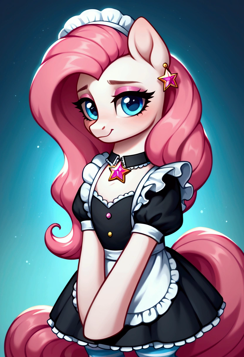 score_9,score_8_up,score_7_up,score_6_up, ((my little pony)), radiant lighting, vibrant colors, whimsical atmosphere, 8K, high resolution, highly detailed, masterpiece, (shy look), (((pony body))), ((brightness white body)), blue eyes, (maid costume), striped stockings, star pendant, earrings, eyeshadow, (very long pink hair:1.3), (((slutty whore:1.4)))