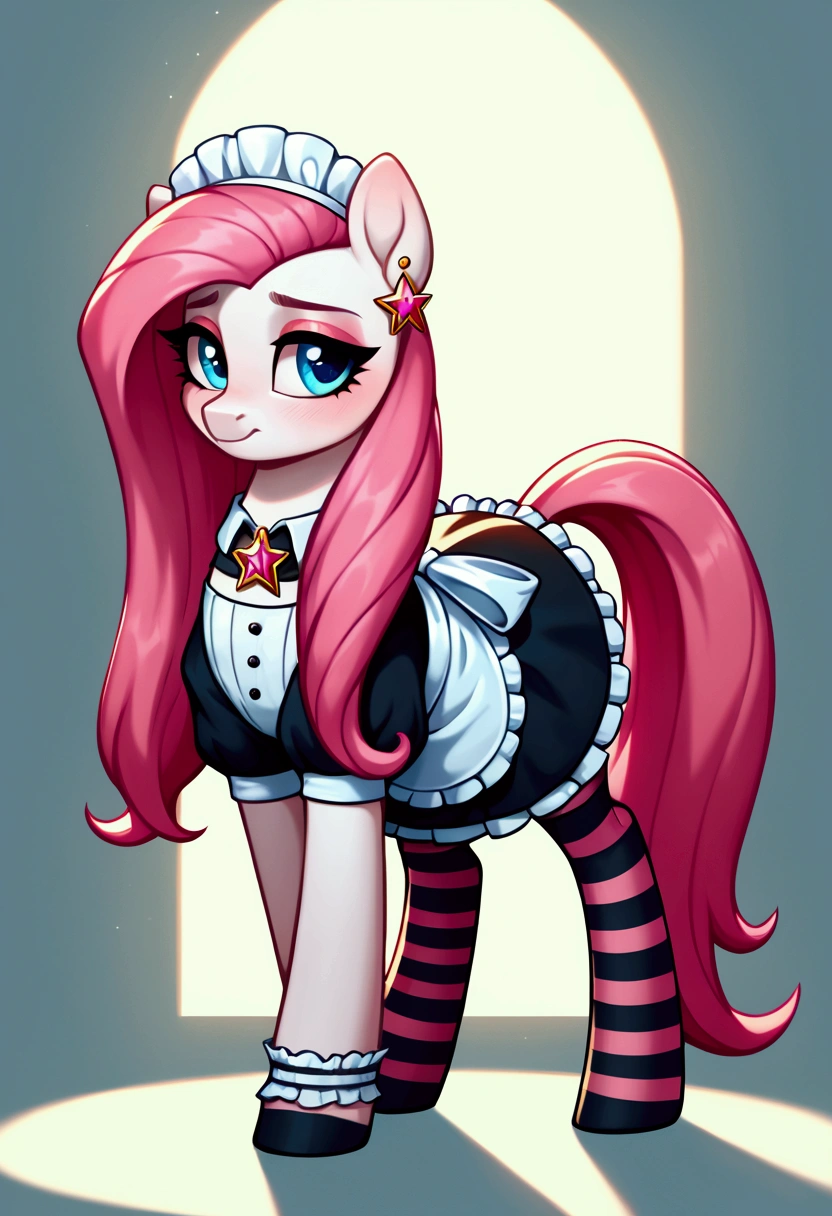 score_9,score_8_up,score_7_up,score_6_up, ((my little pony)), radiant lighting, vibrant colors, whimsical atmosphere, 8K, high resolution, highly detailed, masterpiece, (shy look), (((pony body))), ((brightness white body)), blue eyes, (maid costume), striped stockings, star pendant, earrings, eyeshadow, (very long pink hair:1.3), (((slutty whore:1.4)))