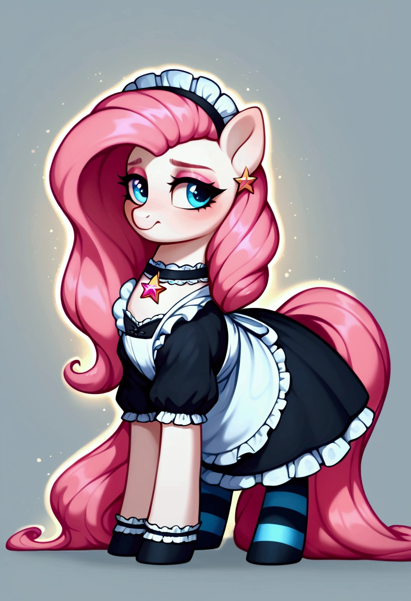score_9,score_8_up,score_7_up,score_6_up, ((my little pony)), radiant lighting, vibrant colors, whimsical atmosphere, 8K, high resolution, highly detailed, masterpiece, (shy look), (((pony body))), ((brightness white body)), blue eyes, (maid costume), striped stockings, star pendant, earrings, eyeshadow, (very long pink hair:1.3), (((slutty whore:1.4)))