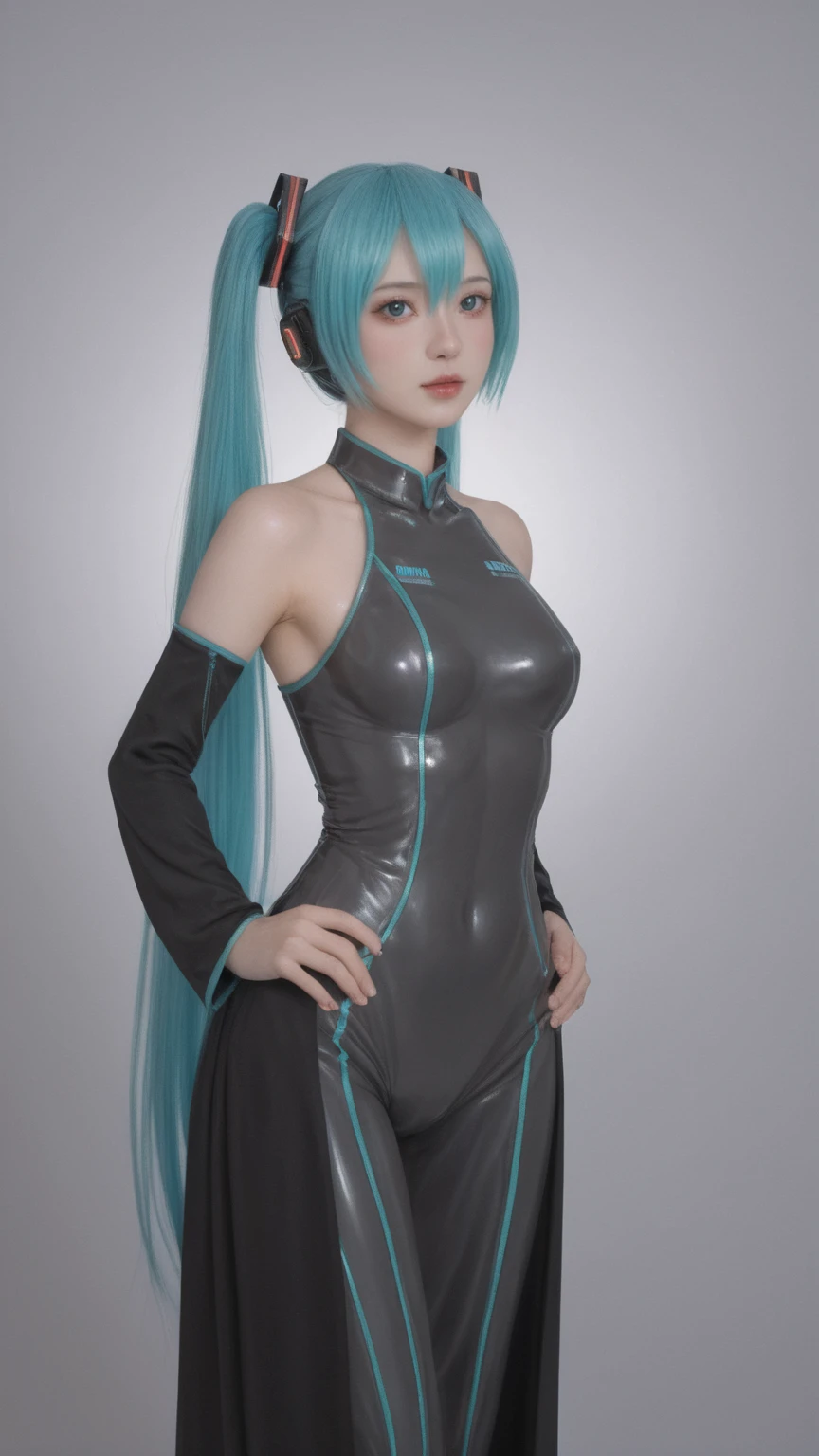  In a futuristic sci-fi setting, behold the enchanting figure of a single girl, embodying the essence of Hatsune Miku. Her eyes glow with an otherworldly light, reflecting a fusion of technology and artistry. Draped in a sleek, plasma-tech outfit, she exudes a sense of advanced sophistication. The outfit is adorned with intricate plasma filaments, weaving a pattern of light and energy across her form. Her skin appears to be composed of vibrant, colored plasma, pulsating with an ethereal glow,colorful skins,