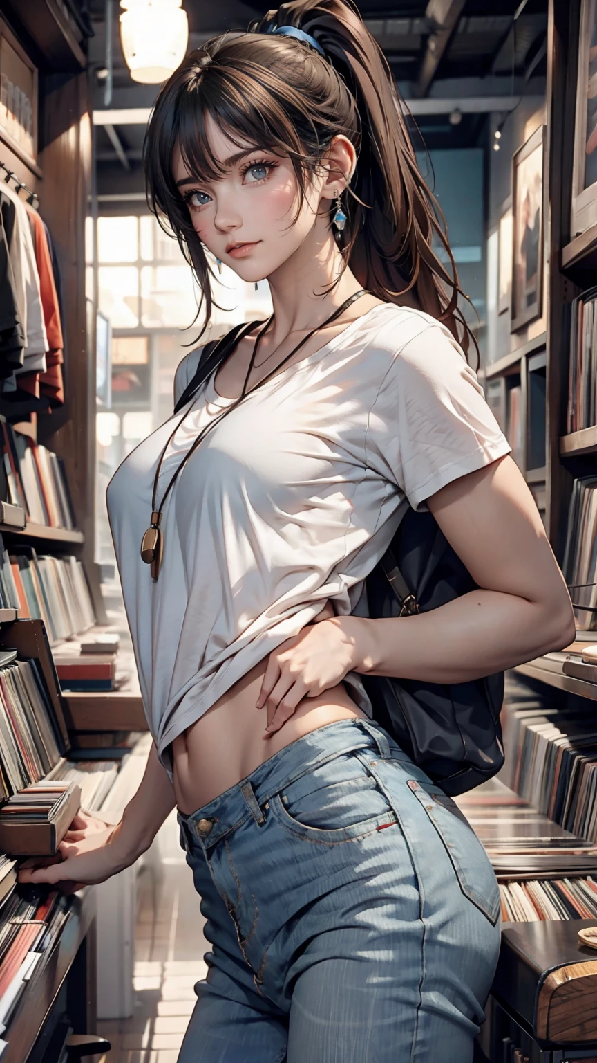 19-year-old female、Brown Hair、Iris、ponytail、Long eyelashes、Hang headphones around your neck、Sexy proportions、Narrow waist、mature female body、T-Shirts、jeans、Carrying the guitar case on your back、Inside the record shop、Record Hunting