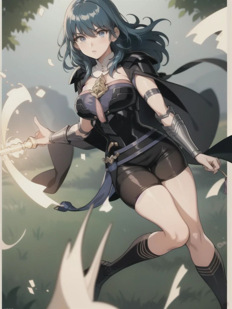 chubby, thick legs, thick lower body, masterpiece, anime, high quality cg, best quality, perfect image, solo, abstract background, byleth (female), shoulder armor, cape, breastplate, shorts, belt, gauntlets, patterned pantyhose, tassel, blue hair, hair blowing in the wind