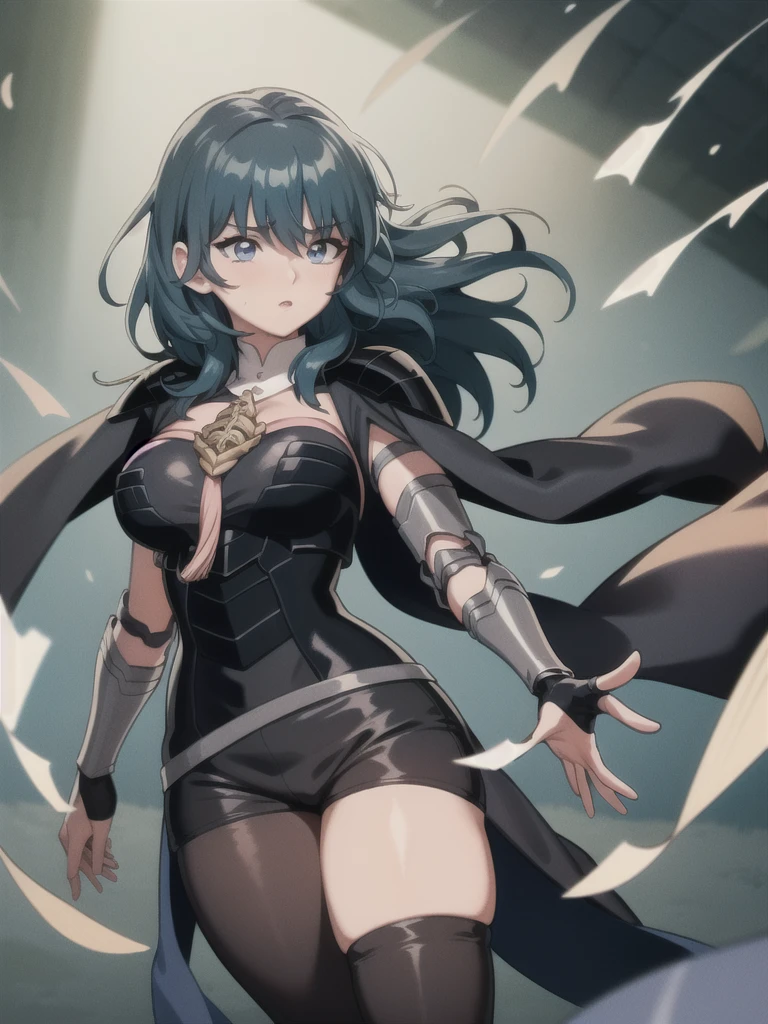 chubby, thick legs, thick lower body, masterpiece, anime, high quality cg, best quality, perfect image, solo, abstract background, byleth (female), shoulder armor, cape, breastplate, shorts, belt, gauntlets, patterned pantyhose, tassel, blue hair, hair blowing in the wind