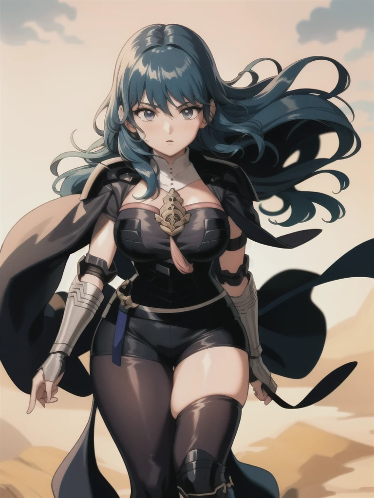 chubby, thick legs, thick lower body, masterpiece, anime, high quality cg, best quality, perfect image, solo, abstract background, byleth (female), shoulder armor, cape, breastplate, shorts, belt, gauntlets, patterned pantyhose, tassel, blue hair, hair blowing in the wind