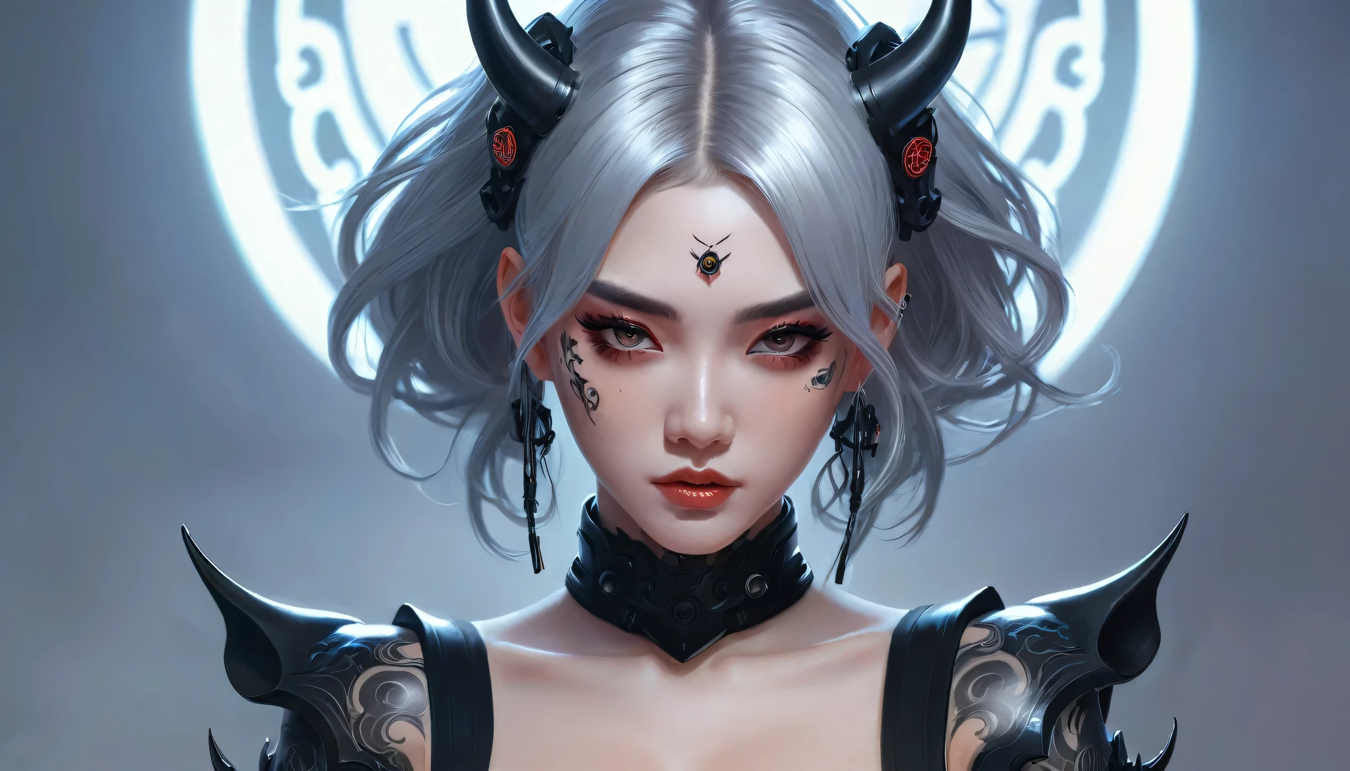 puffy woman with a tattoo on her face and a black dress, portrait of demon girl, inspired by Yanjun Cheng, non-style artwork by guweiz, a beautiful art illustration, digitalpainting | intricate, stunning digital illustration, demon girl, cyborg - girl with silver hair, beautiful cyberpunk girl face, deviantart artstation cgscosiety