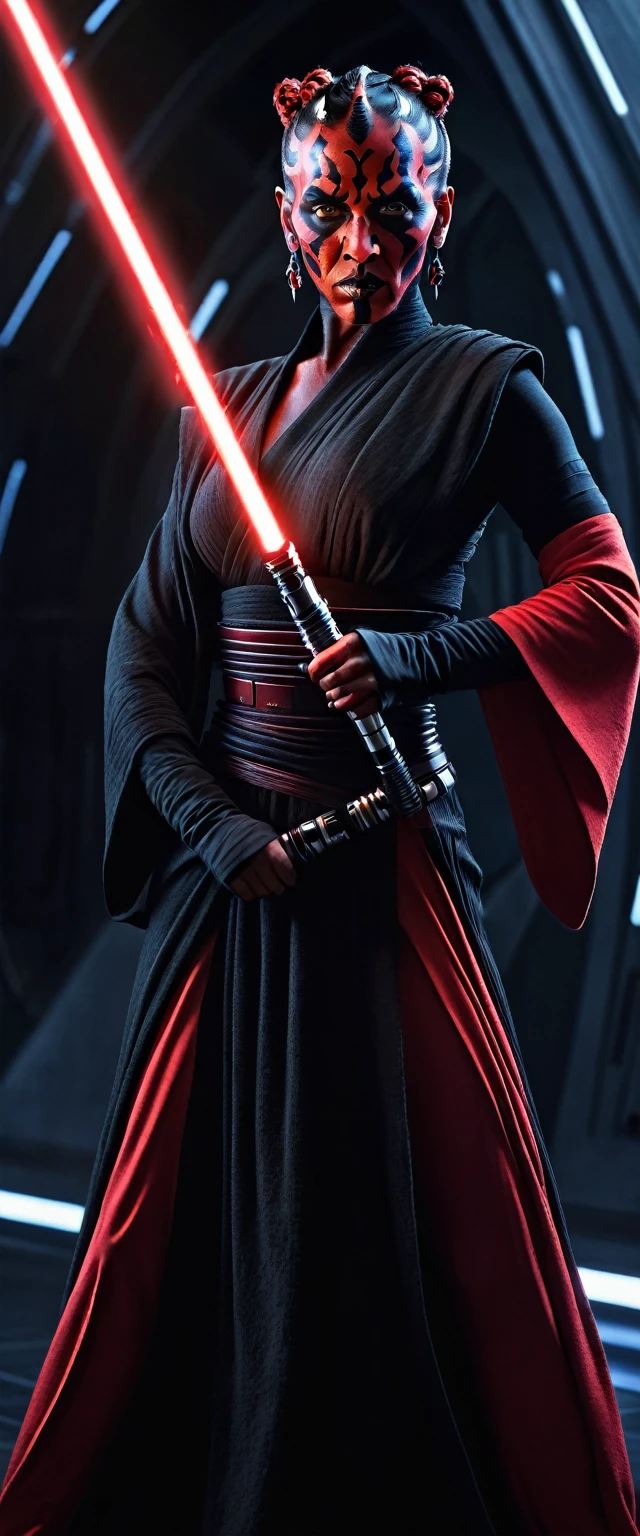 cinematic star wars, female darth maul, (best quality,4k,8k,highres,masterpiece:1.2),ultra-detailed,(realistic,photorealistic,photo-realistic:1.37),intricate details, dynamic pose, dramatic lighting, intense colors, cinematic composition, sci-fi setting, dark fantasy, glowing lightsaber, flowing robes, piercing eyes, fierce expression, muscular build, (female character:1.4), elegant headdress, powerful presence