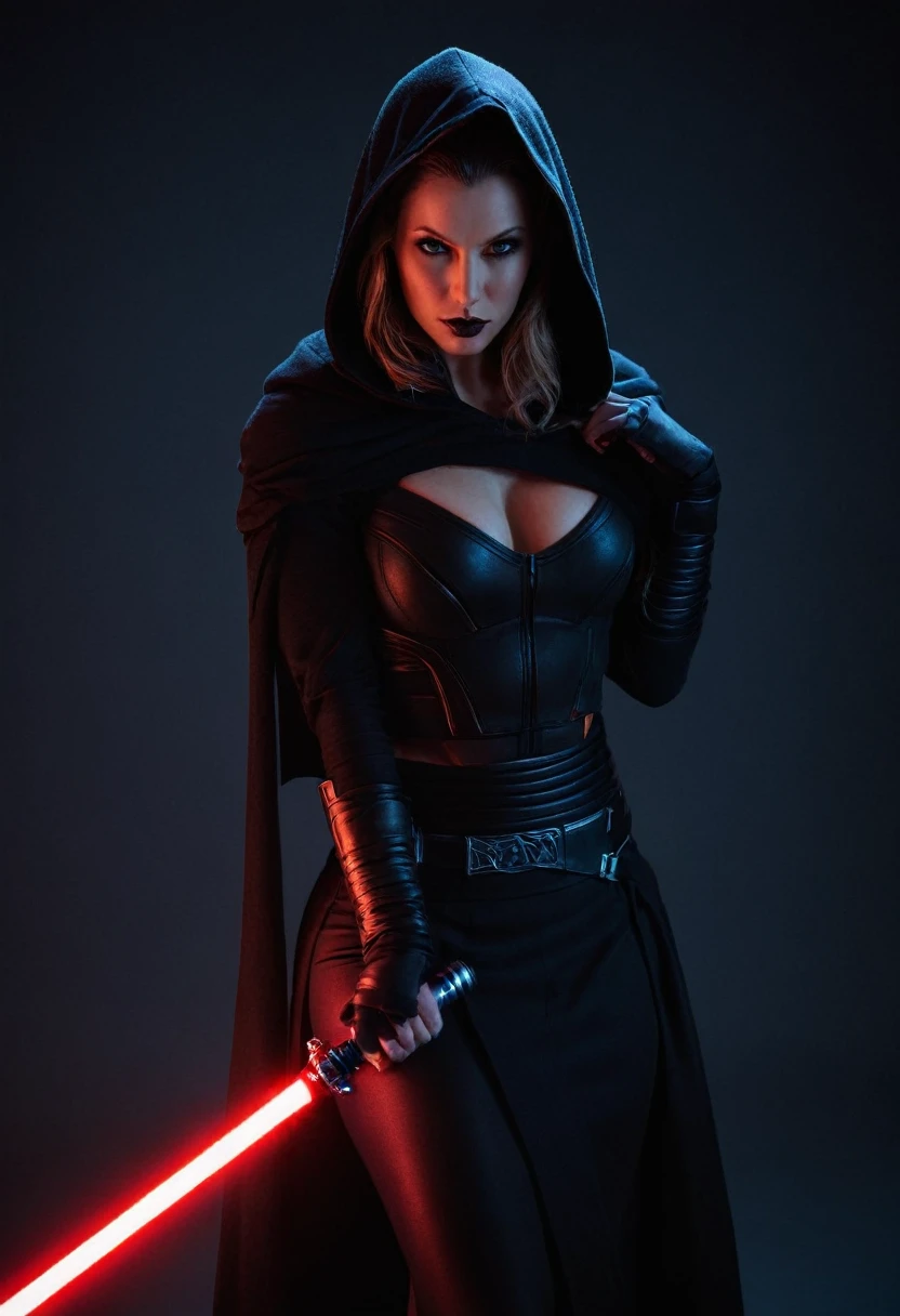 professional photograph of a 31 year old model, by Peter Hegre, photography studio,__perspective__, beautiful evil slavic muscular woman, pale skin, long hair, Sith Lord, cute face, red skin, fit body, holding one red light saber in her hand, wearing a black crop top with a hood:1.4, black skirt, darth talon:0.7, at the starship, cozy, Star Wars, j j abrams, photorealistic, sharp focus, depth of field, vogue magazine, fashion photo, cinematic lighting, rim light, cozy:1.2, neon