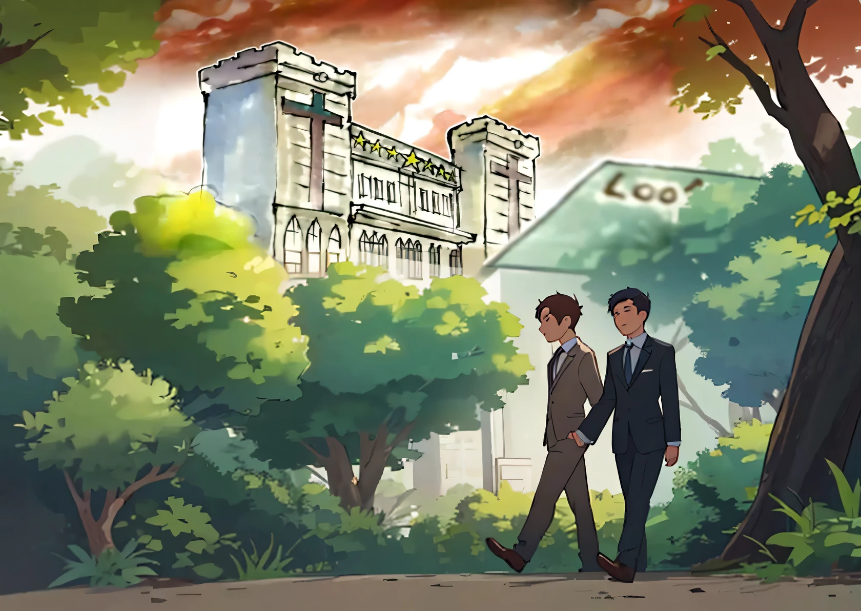 7 men in suits walking, trees and bushes