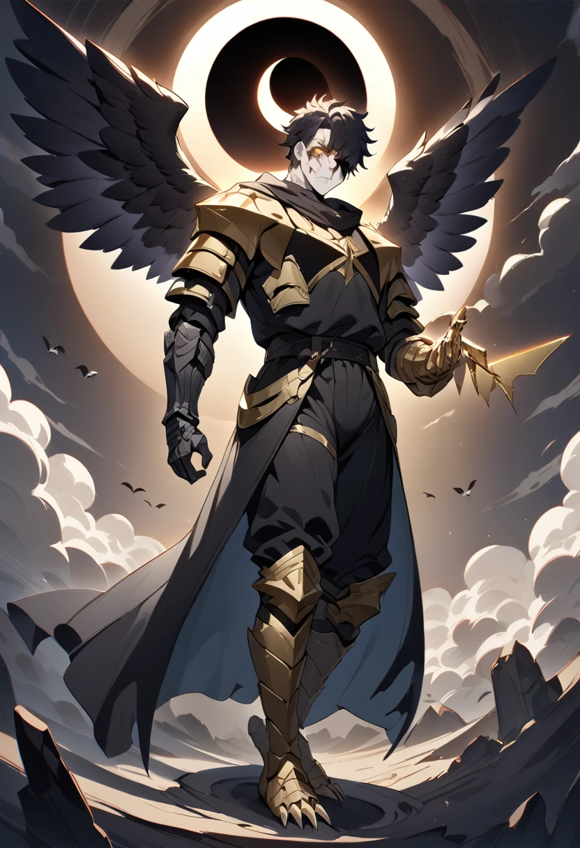 1man, adult, angel, pale skin, black hair, very short hair, white hairlocks, golden eyes, broken face, crack on the face, radiance coming from the crack, missing eye, black wings, eyed wings, bird legs, black robes, golden details, golden shoulder pads, golden prothesis in right hand, clawsprothesis, great sword on hands, eclipse, fullbody, anime style, (masterpiece), best quality, 