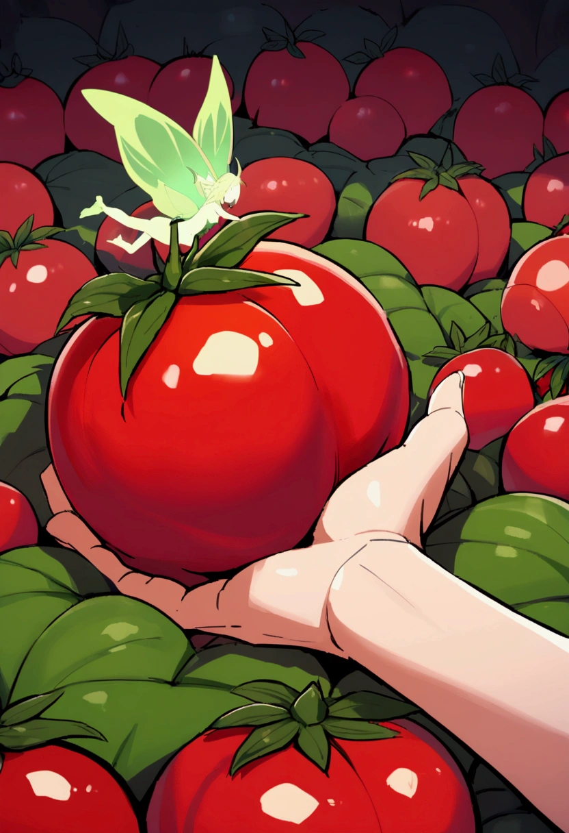 a fairy flying over a pile of red Tomatos , holding one Tomato on her hand