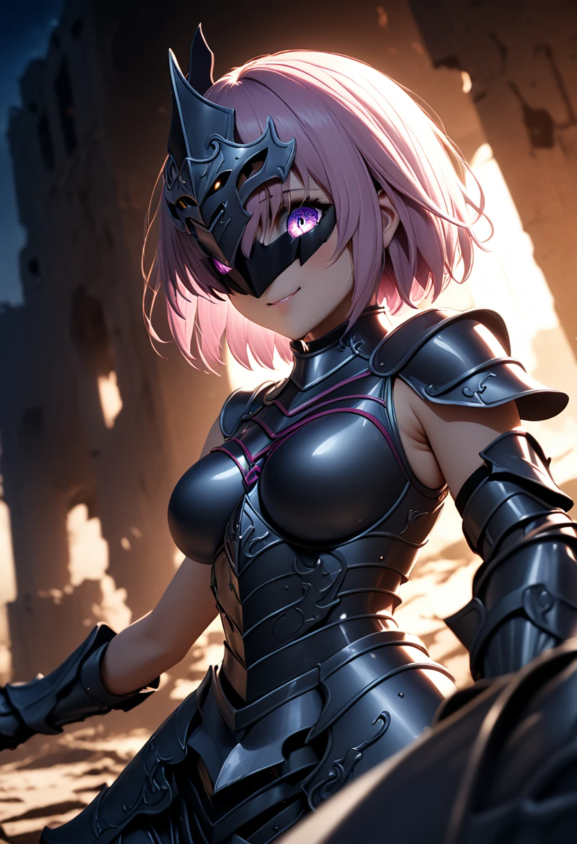 (masterpiece, top quality, best quality, beautiful and aesthetic:1.2), full body, SFW, extremely detailed, detailed eyes, detailed hands, cinematic light, depth of field, 1girl, seducing smile, solo, official, (full armored knight:1.4), dark armor, full-faced helmet that hides the face, mash kyrielight, slim body, cinematic lighting, dramatic lighting, dramatic atmosphere, hyper-realistic, high resolution, stunning contrast, high quality, best quality, 8k, 4k, intricately detailed, (amazing details:1.2), highly detailed skin, powerful presence, vibrant colors, (detailed eyes:1.2), striking eyes, (detailed background), (warzone on background, night, ruins), (dynamic angle:1.2), (dynamic pose:1.2)