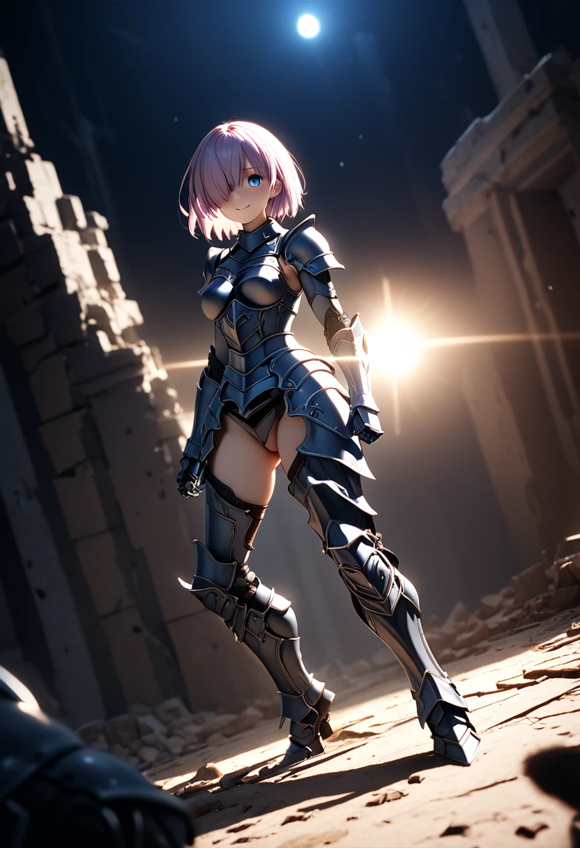 (masterpiece, top quality, best quality, beautiful and aesthetic:1.2), full body, SFW, extremely detailed, detailed eyes, detailed hands, cinematic light, depth of field, 1girl, seducing smile, solo, official, (full armored knight:1.4), dark armor, full-faced helmet that hides the face, mash kyrielight, slim body, cinematic lighting, dramatic lighting, dramatic atmosphere, hyper-realistic, high resolution, stunning contrast, high quality, best quality, 8k, 4k, intricately detailed, (amazing details:1.2), highly detailed skin, powerful presence, vibrant colors, (detailed eyes:1.2), striking eyes, (detailed background), (warzone on background, night, ruins), (dynamic angle:1.2), (dynamic pose:1.2)