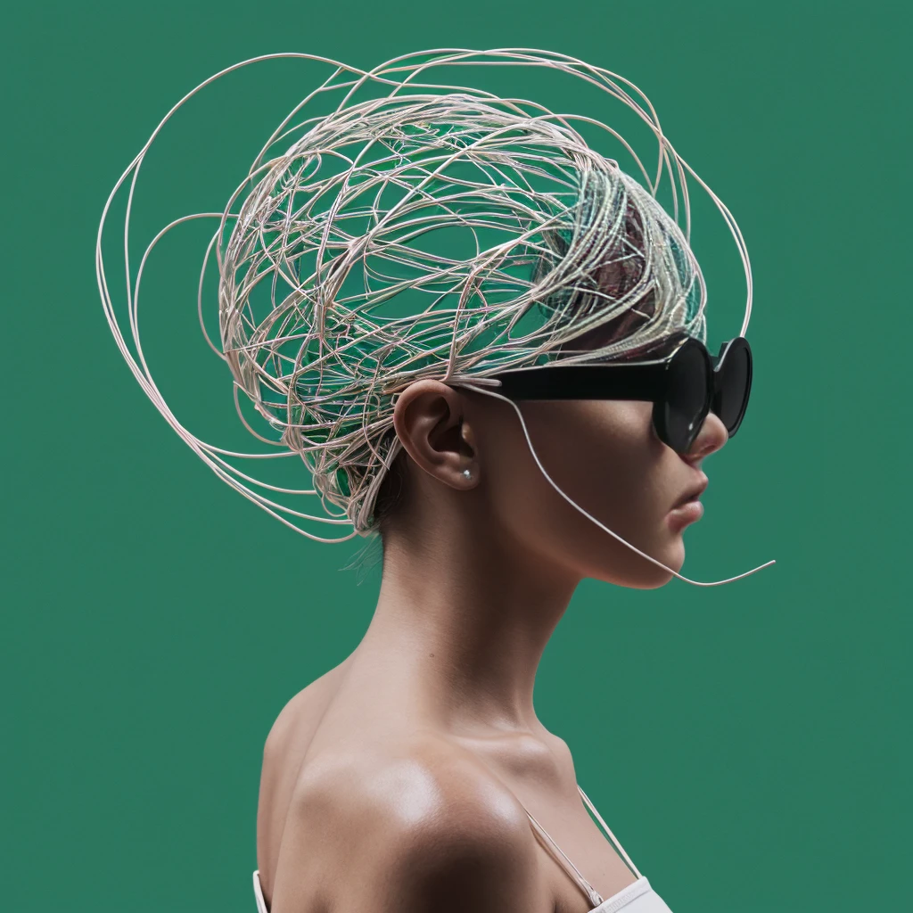 3D image, digital painting of a (minimalist artwork) sad brain with wires connected to a computer, very melancholic, full portrait, with large black glasses handmade, clear and intense body silhouette in pink green tones, White background, that captures the essence of modern minimalism, Allow negative space for reinforcement Overall stands in model pose in neon green glowing, stylish concept design and carries a blocked