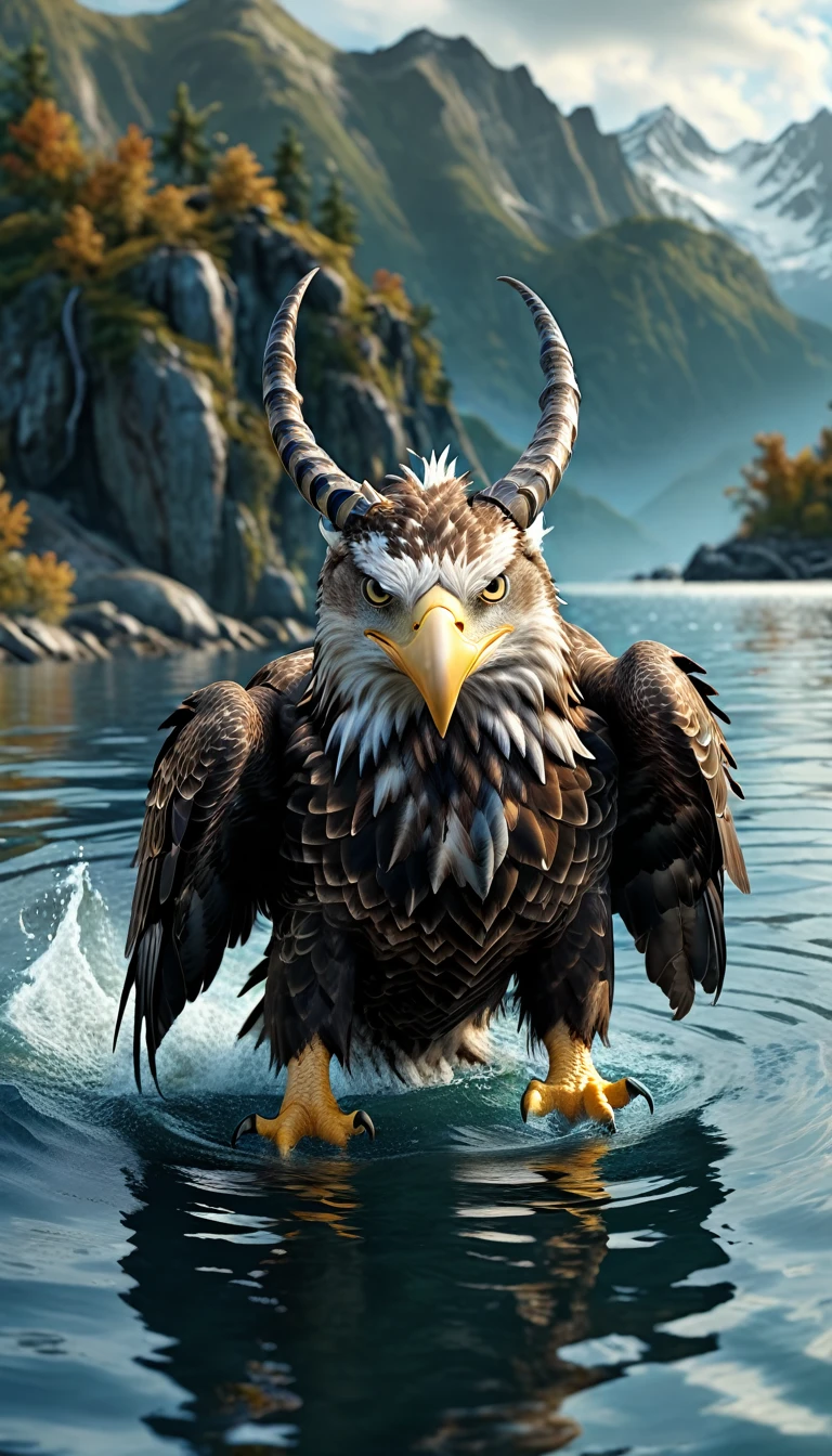 Panorama,There is a beast in the water,Looks like an eagle,The head has double horns(best quality,4K,8K,High level,masterpiece:1.2),Ultra Detailed,(lifelike,Photo real,Photo real:1.37),Highly detailed animals,Complex patterns,Realistic lighting,Fantasy Creatures