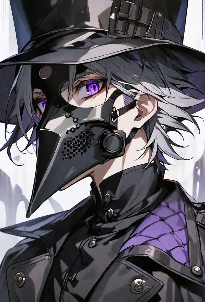 solo, handsome, 1 male, short hair, gray hair, purple eyes, black coat, black plague doctor mask, black gloves, black top hat