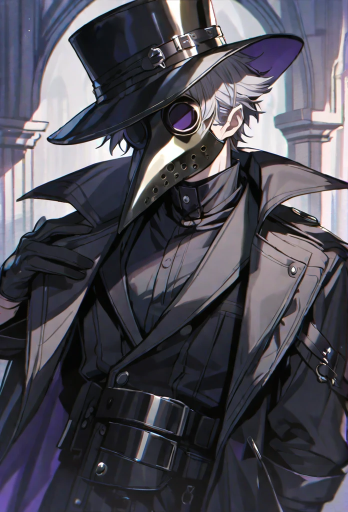 solo, handsome, 1 male, short hair, gray hair, purple eyes, black coat, black plague doctor mask, black gloves, black top hat