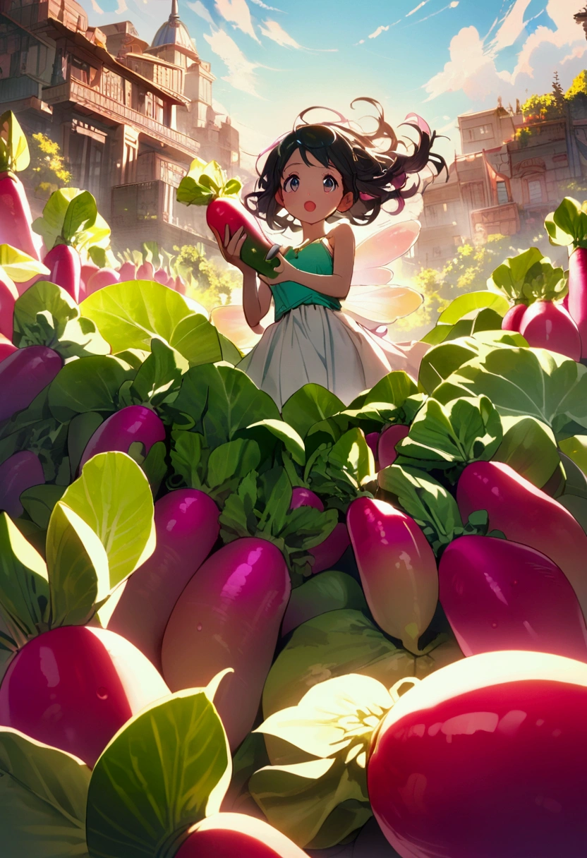 a fairy flying over a pile of Radishes , holding one Radish on her hand