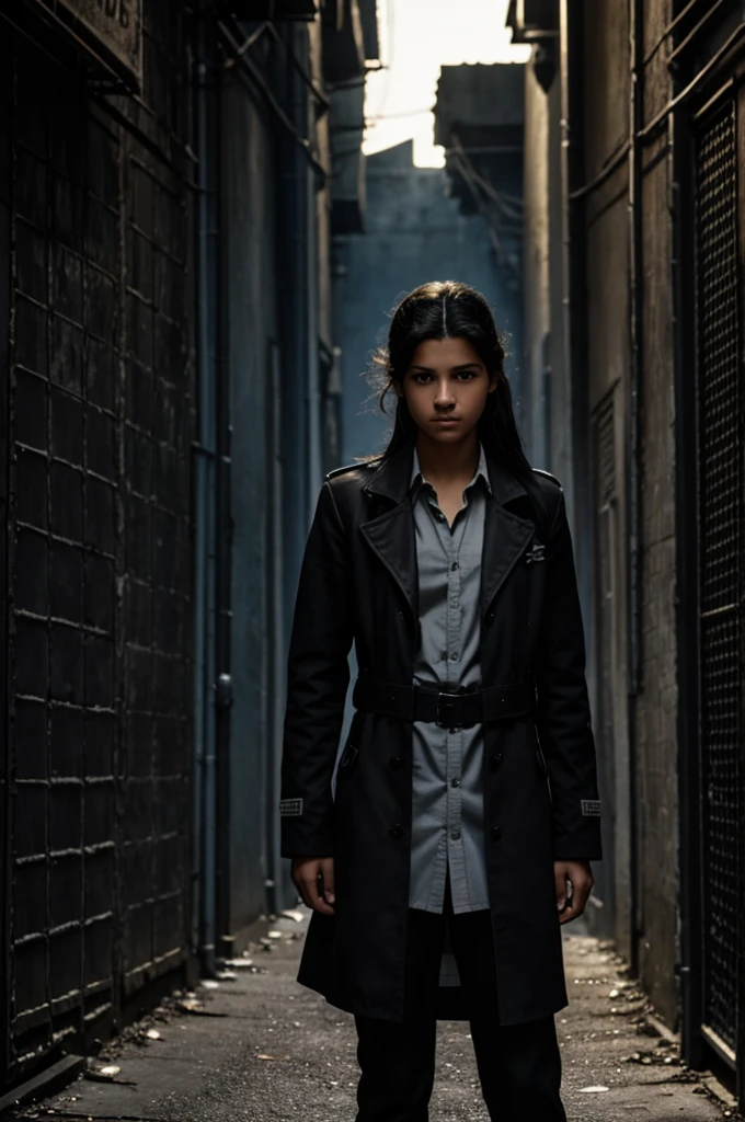 Cover for a book Dark alley with a male shadow of a young man in the background.
In the front, a teenage girl with gray eyes and black hair wearing a torn and poorly finished uniform.