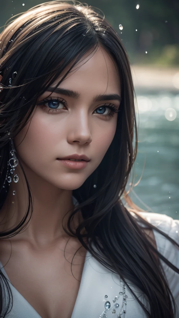  An extreme close-up shot of water droplets falling on a woman's face, realistic detail, sharp focus, shiny eyes, shot with an 85mm Leica lens, f4.6, ultra realistic concept photography, award winning portrait inspired by Ákos Major.