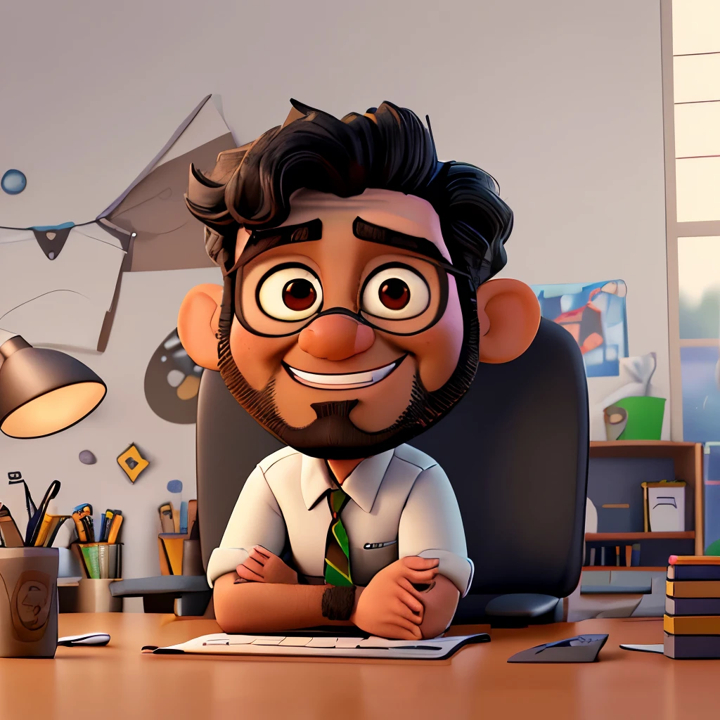 disney pixar cartoon, men, overweight, tall, black beard, black hair, light brown skin, white button-down shirt, badge saying "SUdeste", office, laptop on the table, miniature of a truck on the table, picture of the Volkswagen brand on the wall