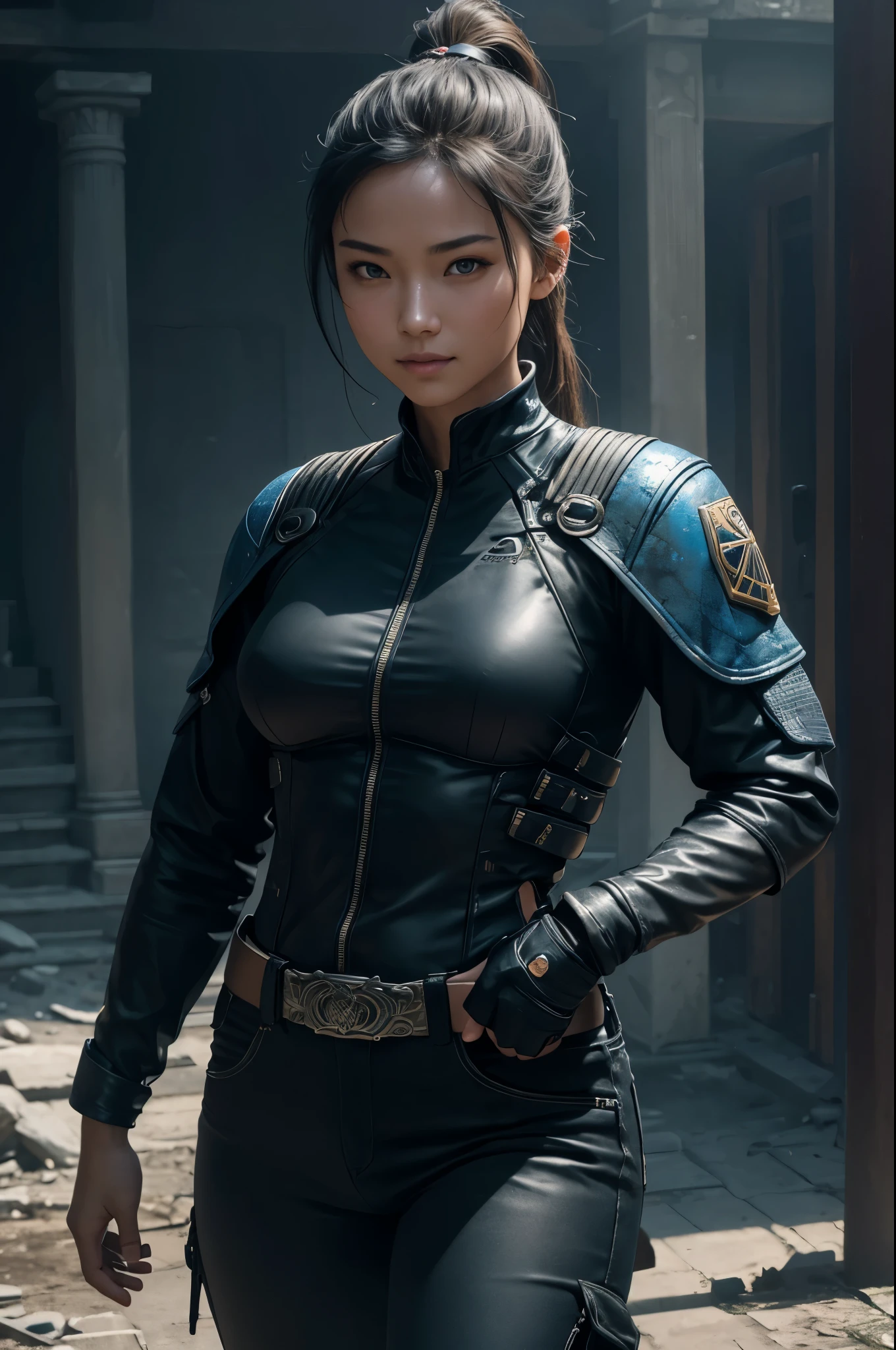 8K,younger sister,so beautiful(Like the real thing),Toned, muscular body,sexy,clear narrow eyes,black eye,Cool smile,Blue combat jacket,Black Shirt,Black combat pants,short,Compensate,Ultra-Realistic Skin,compensate,masterpiece,Photorealistic RAW photos of the highest quality。Bright colors,Rich colors, Backlight, Cinema Lighting, Film Grain, 50mm lens, Nikon D850,Detailed character art,Fantasy art,Ultra-high resolution,Ultra-Realistic Skin,Perfect hand shape,In front of the abandoned temple,Beautiful expression,close,Very small breasts,Muscular Beauty,Dynamic fighting pose,ponytail,