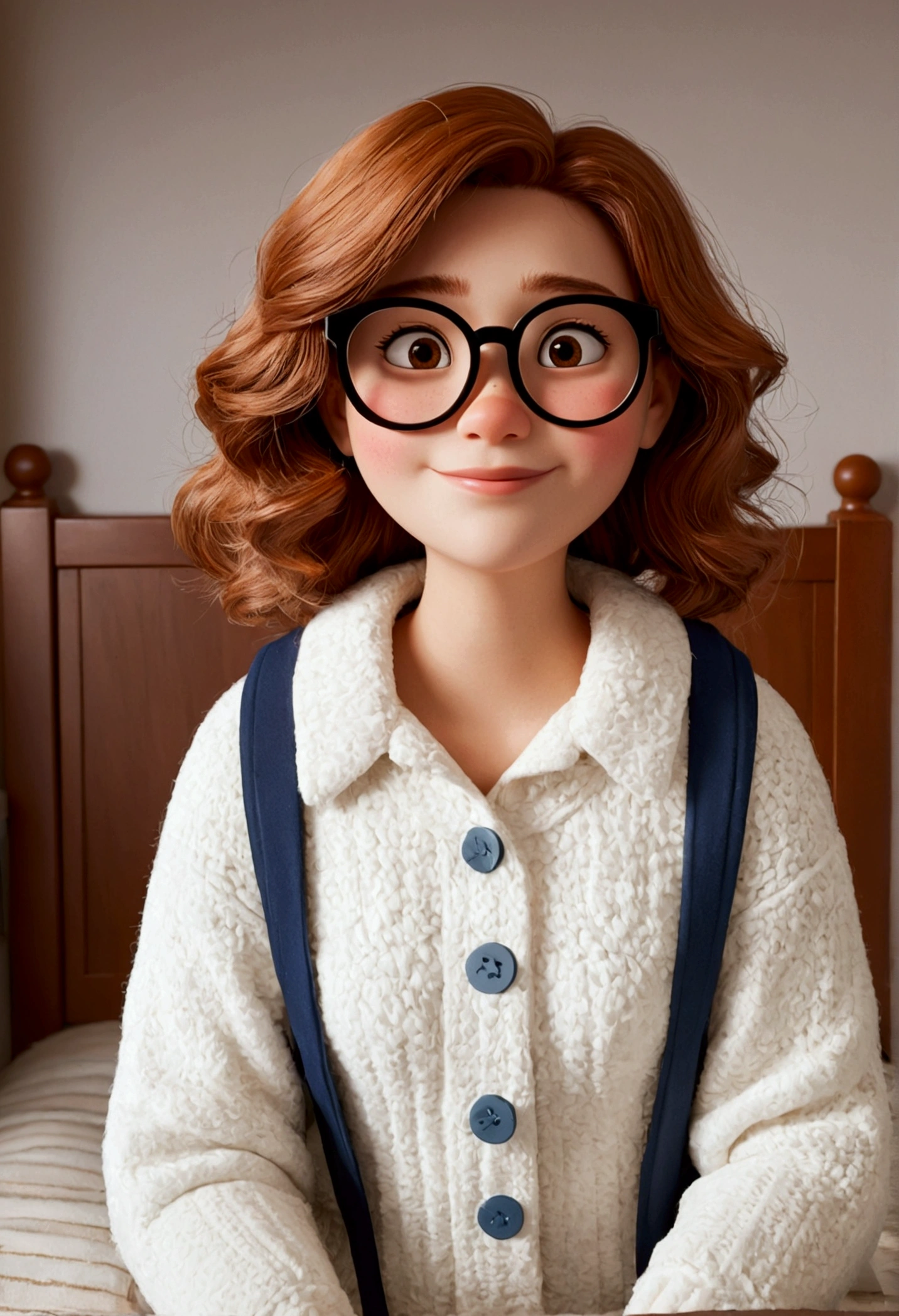 Image de style pixar avec personnage 3D lunettes blanches femme blanche cheveux longs et bouclés, Maquillage disney,fisherman, mignon, smiling ,close, pixar, disney, Cinema lighting, Light brown eyes. in a room under a bed looking tired and sick