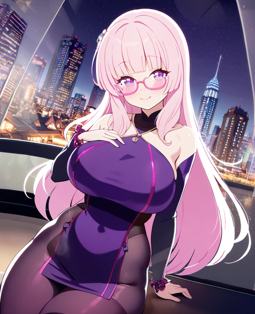 girl, light pink hair, hime cut, long hair, erotic purple bodycon, J cup breast, thicc thigh, hourglass figure, nighttime city, clear view, charming smile, pink love shape glasses