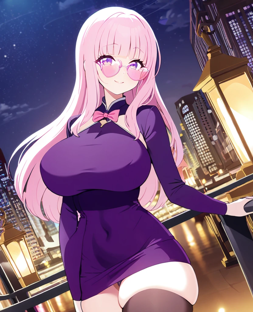 girl, light pink hair, hime cut, long hair, erotic purple bodycon, J cup breast, thicc thigh, hourglass figure, nighttime city, clear view, charming smile, pink love shape glasses