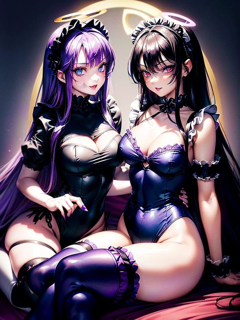 Highest quality,Highest Resolution,(((A beautiful girl with blue eyes and black hair in a maid leotard)))and(((A beautiful girl with red eyes and purple hair in a gothic ta leotard)))are having sex in the sitting position,kiss,saliva,(((Halo))),smile,Frills,Knee-high stockings,Camera from a distance,