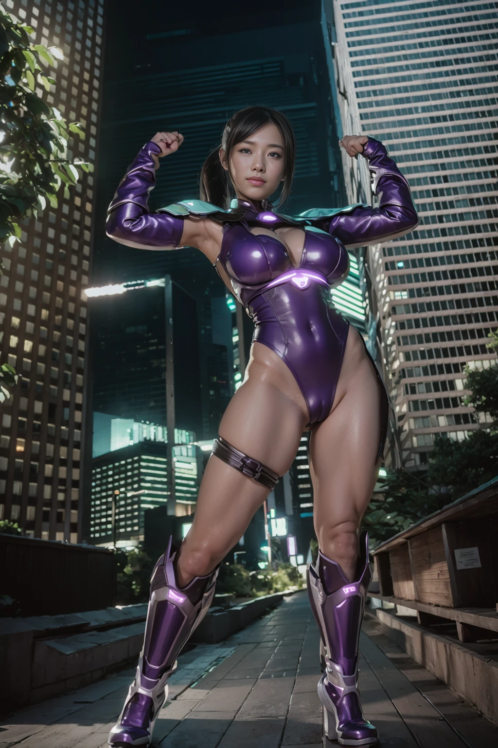 Woman in futuristic hero suit、26 years old、Beautiful bare legs、Brown Hair、Short Ponytail、High resolution、8K、A dull smile、erotic、Beautiful female body、Futuristic green and purple high leg、Futuristic purple and green boots、Green Grove、Toned body、A little muscle、Pussy、pubic hair、Pussy line、 Body shot of the goddess in the movie,Unreal Engine Characters、Standing posture、height: 175cm、Large Breasts、clench one's fist、Raise your arms