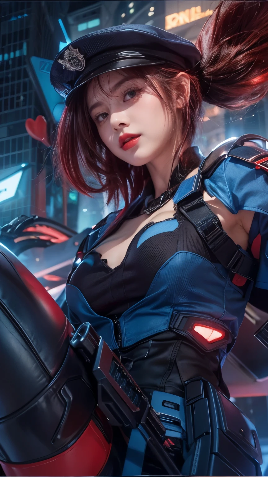 Realistic, Extreme close up, Create a confident and striking girl character with red hair styled in pigtails. She is wearing a futuristic police uniform with a RED and black color scheme, detailed with a badge on her cap and shoulder. Her outfit is form-fitting and features various high-tech elements, including glowing blue accents. The setting is a neon-lit cityscape at night, with a cyberpunk aesthetic. She exudes an air of authority and readiness, with a flirtatious wink and a small pink heart floating near her face. BACKGROUND HAS A NAME READING “IVY”