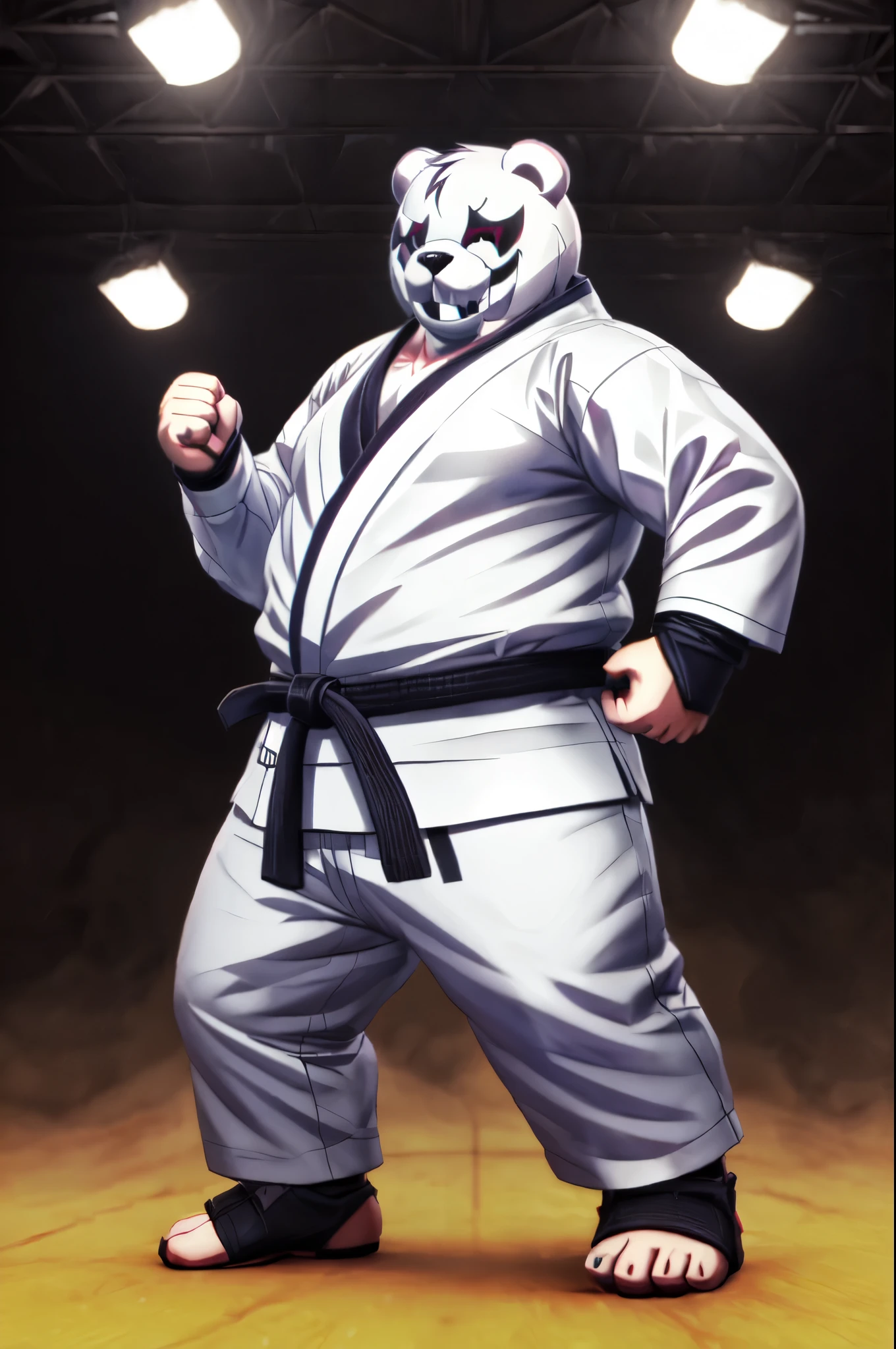 (((Barefoot furry character, full body, cinematic setting, furry male, plantigrade)))

(((monokuma))), bear, grin, teeth, half black and half white, judo, blue kimono, (((ankle braces))), (((martial art footwear)))

BREAK, masterpiece, ((detailed background)), ((dynamic background)), 8K, (masterpiece:1.5), intricate details, highly detailed, extreme detail, octane render, unreal engine, fine art, best quality, highres, (detailed face:1.5), ((full_body)), UHD, (((perfect hands))), low light, set at night