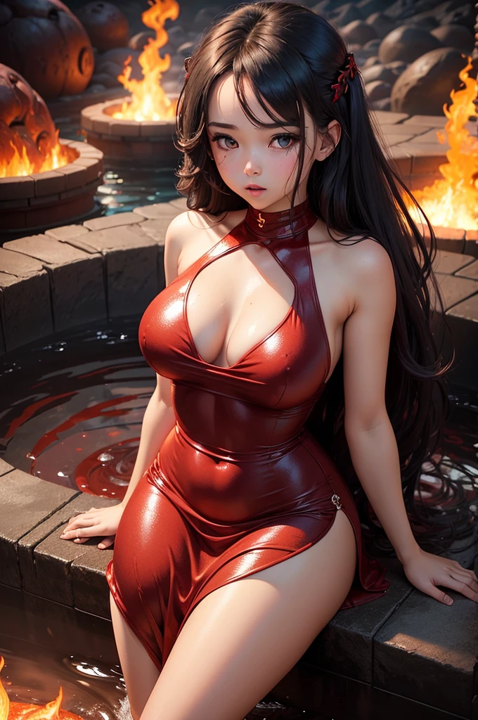 Girl in a lava pool, Big Red Eyes,a cute adorable , Lava Dress, Slim and sexy body, Large Breasts, Body covered in lava, Long, messy hair covering one eye