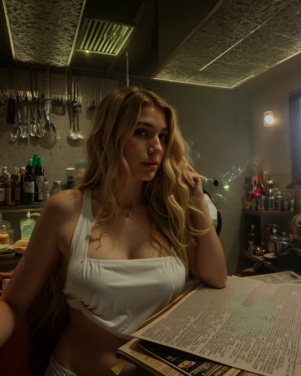with blonde locks of very long and wavy hair, with green eyes of Spanish origin, with a pretty sweet face