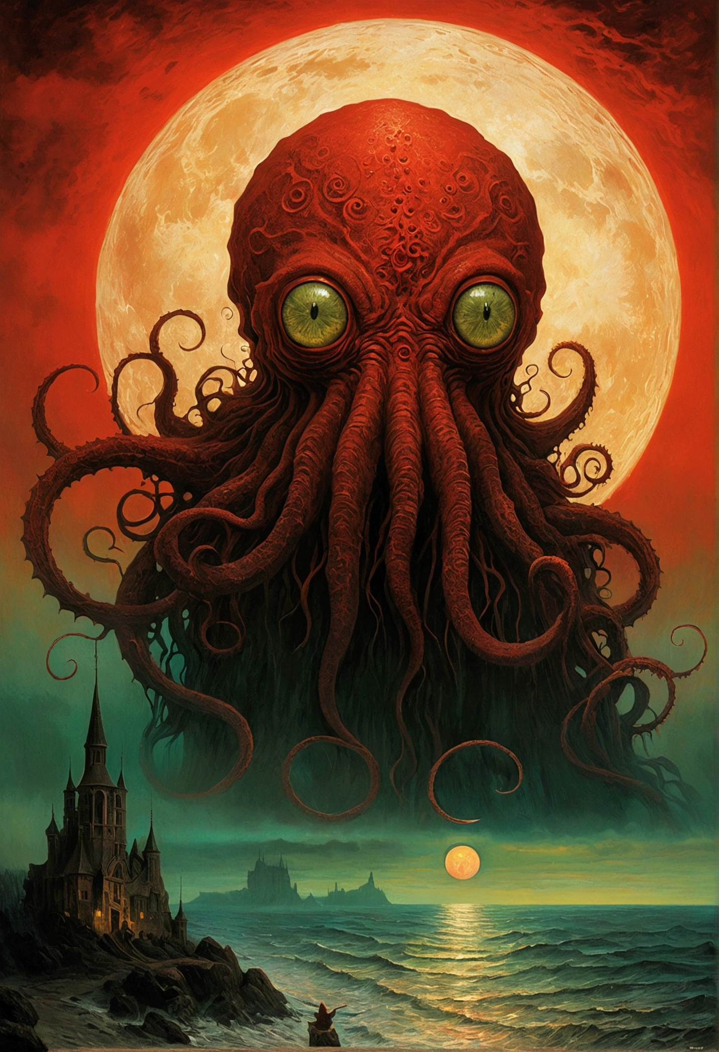 Mythical creatures, author:Zdzislaw Beksiński and Vincent van Gogh, Red moon and big eyes、Cthulhu