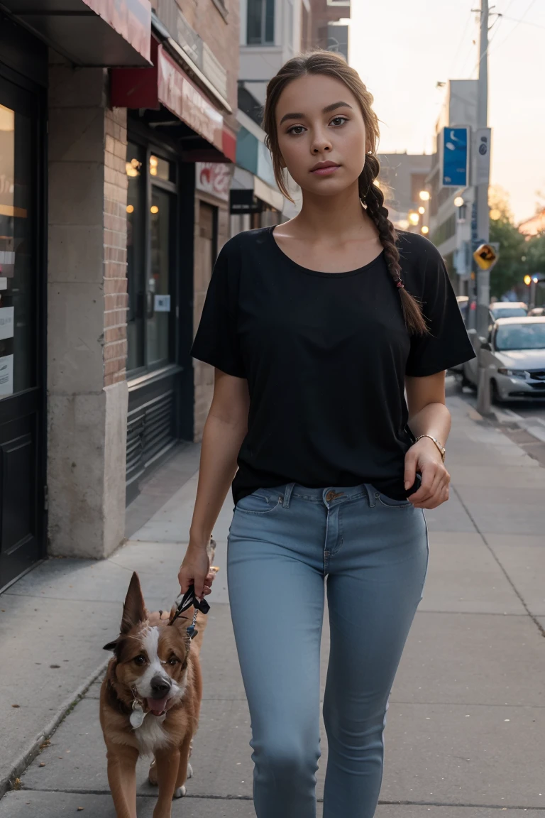 a young woman, in a black shirt, full body , in downtown , beautiful detailed eyes, beautiful detailed lips, walking her dog, wears long, wearing bleue light skinny jeans, her hair is braided, it's sunset
